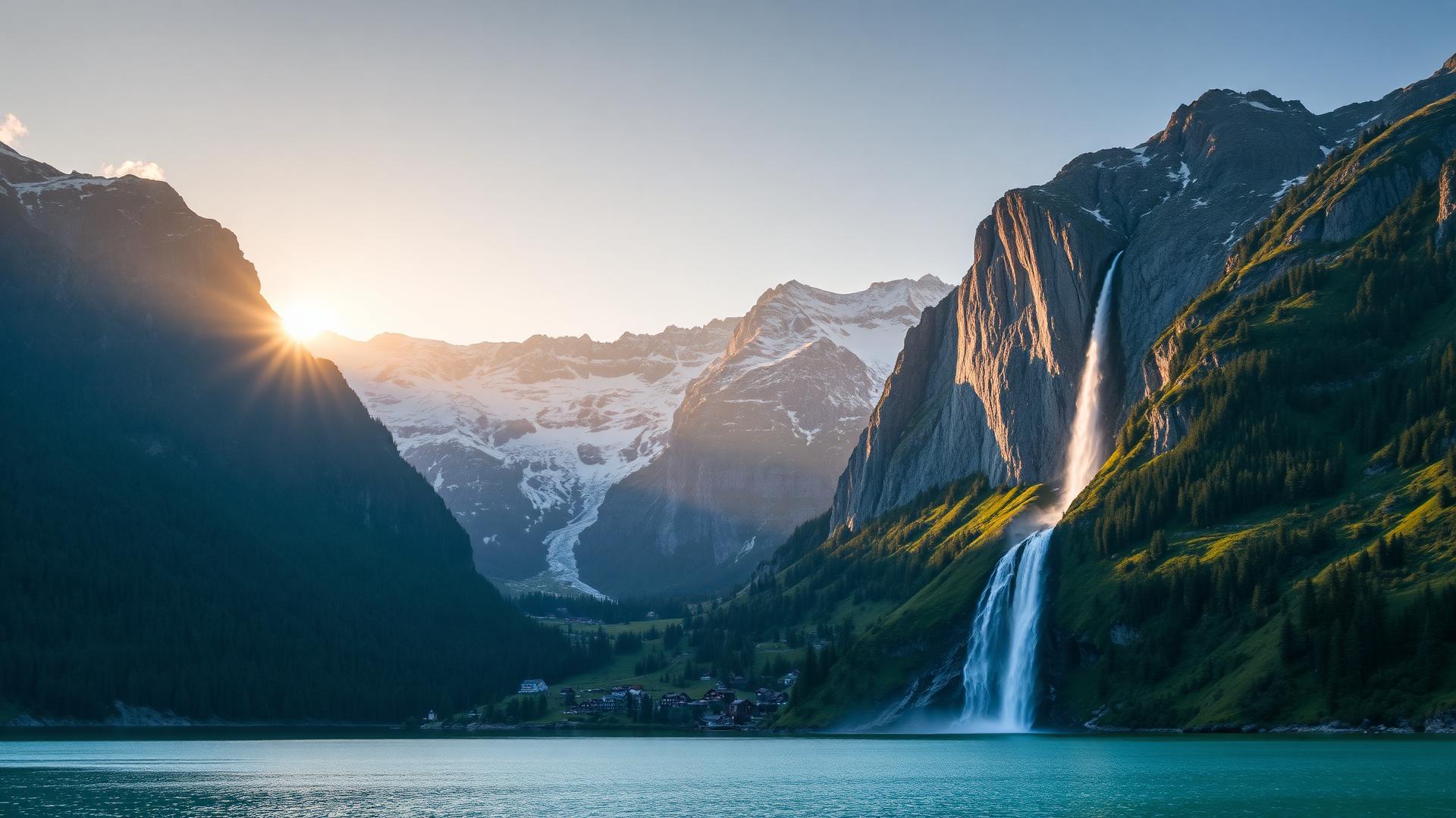 Swiss Alps with mountains, waterfalls and a turquoise lake at sunrise